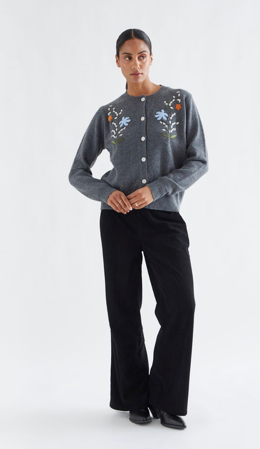 Grey Wool Blend Cardigan with Floral Embroidery