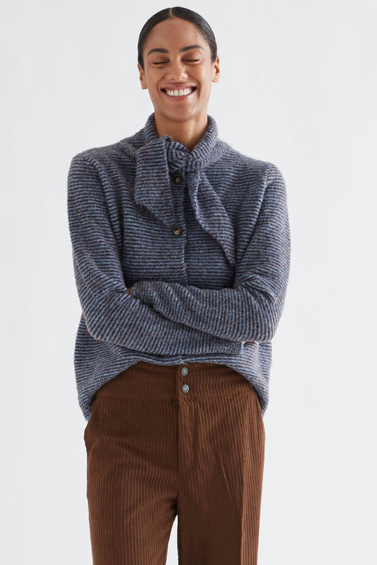 Blue and Brown Striped Knit Cardigan