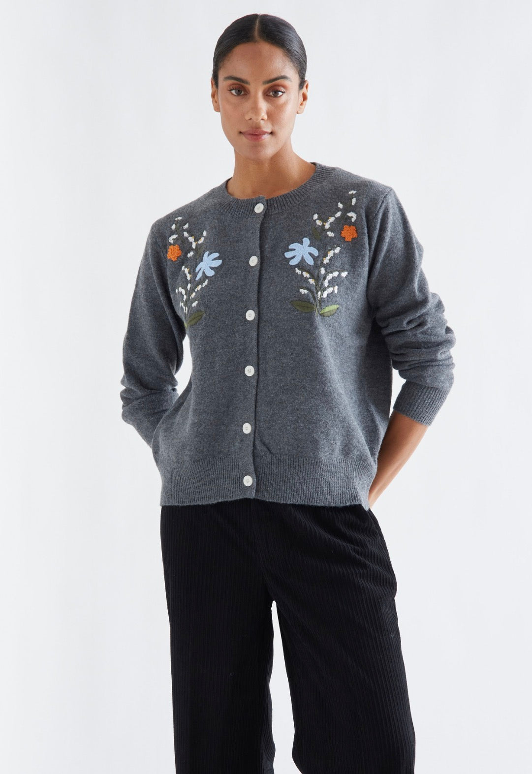 Grey Wool Blend Cardigan with Floral Embroidery