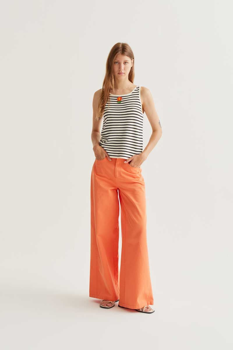 Black and White Striped Top with Flower Embroidery