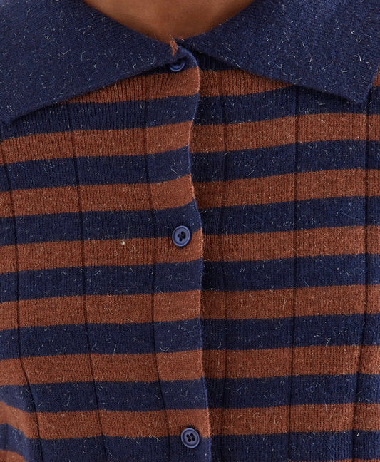 Navy and Brown Striped Knit Cardigan