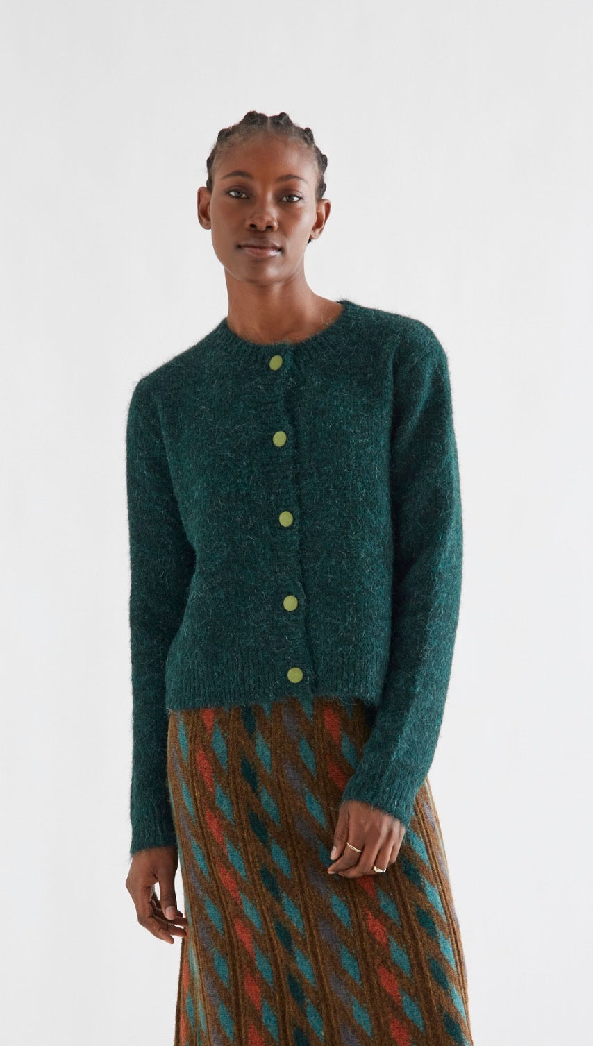 Dark Green Knit Cardigan with Light Green Buttons