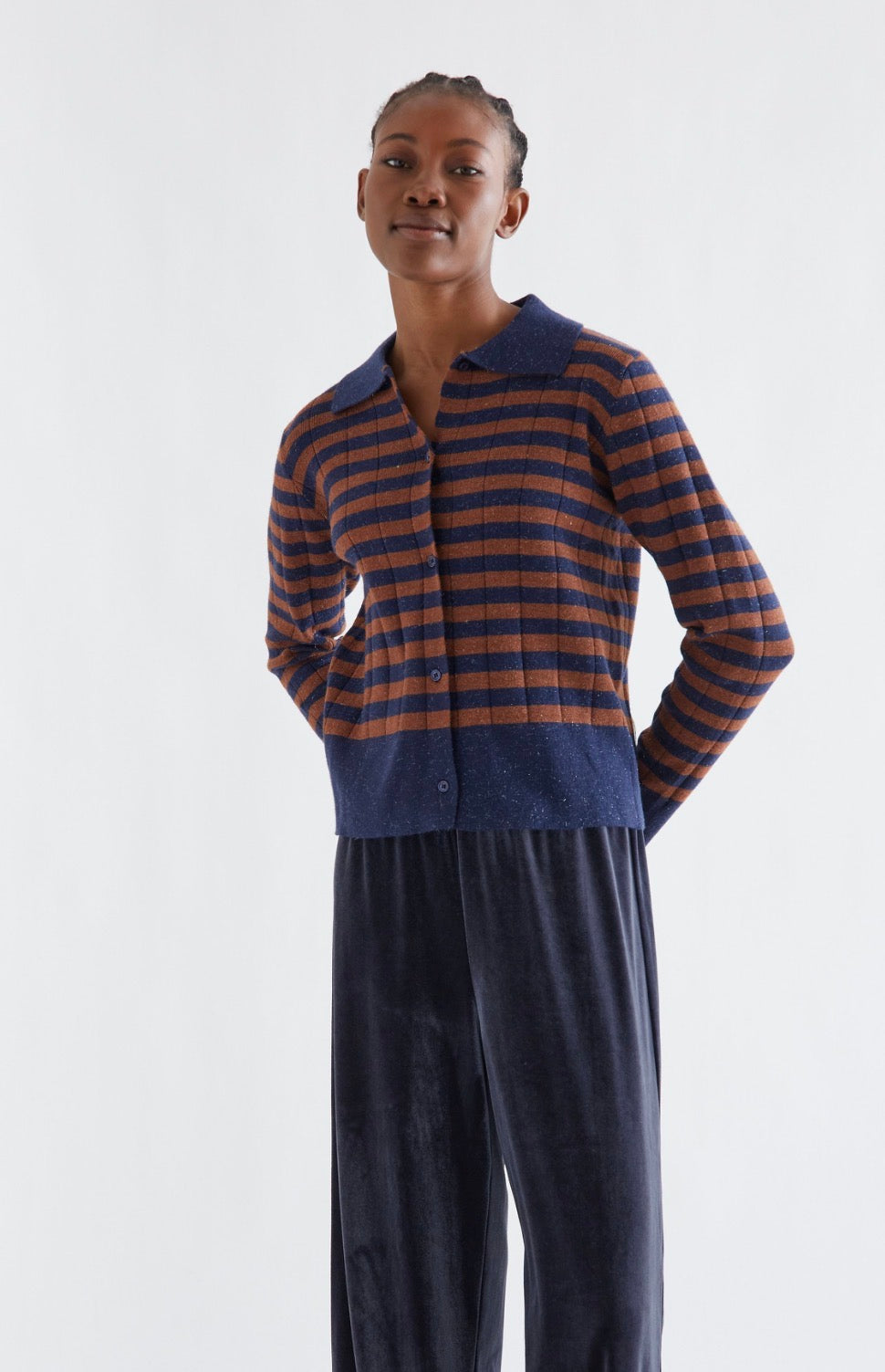 Navy and Brown Striped Knit Cardigan