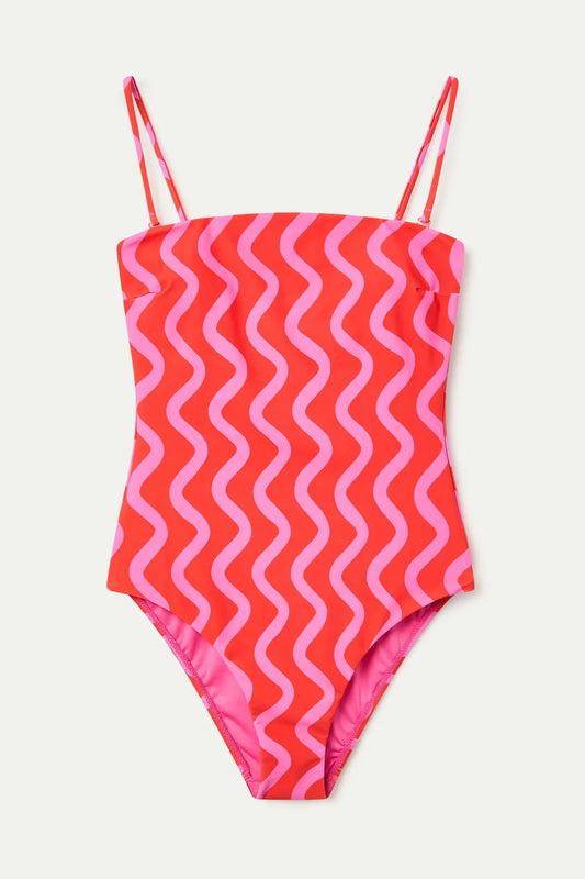 Swimsuit with Straight Neckline, Wave Red &amp; Pink Print